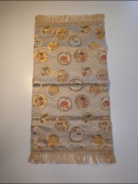 Vintage Japanese Silk Brocade Table Runner Gold Metallic Floral Fringe MCM